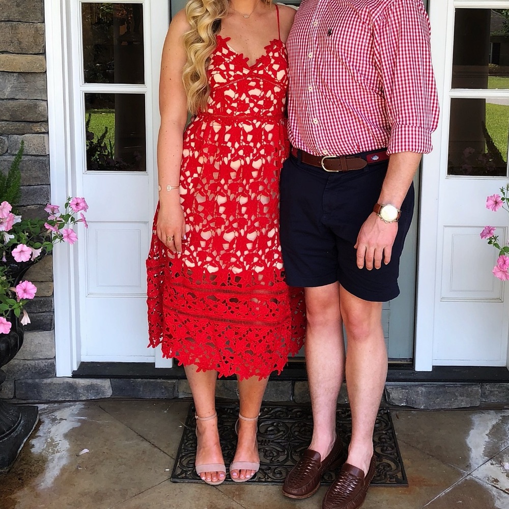 Red lace midi dress